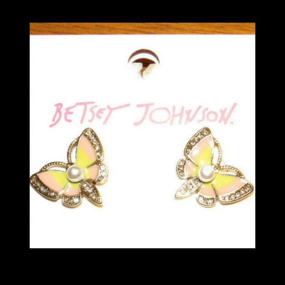 Betsey Johnson Butterfly Faux Pearl And CZ Earrings, NWT - Picture 5 of 9